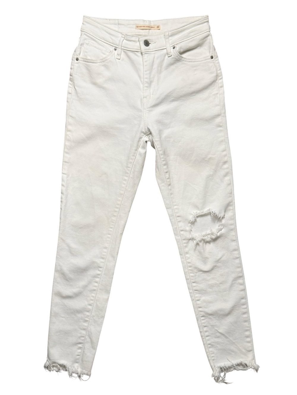 Levi’s 721 High Rise Skinny Ankle White Distressed Raw Hem Jeans 26 - Picture 2 of 12